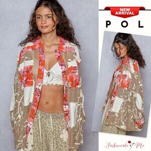 POL Floral Pattern Crochet Detail Raw Hem Button Up Oversized Shirt | Chocolate